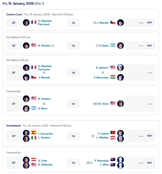atp auckland partidos viernes16 enero 2026