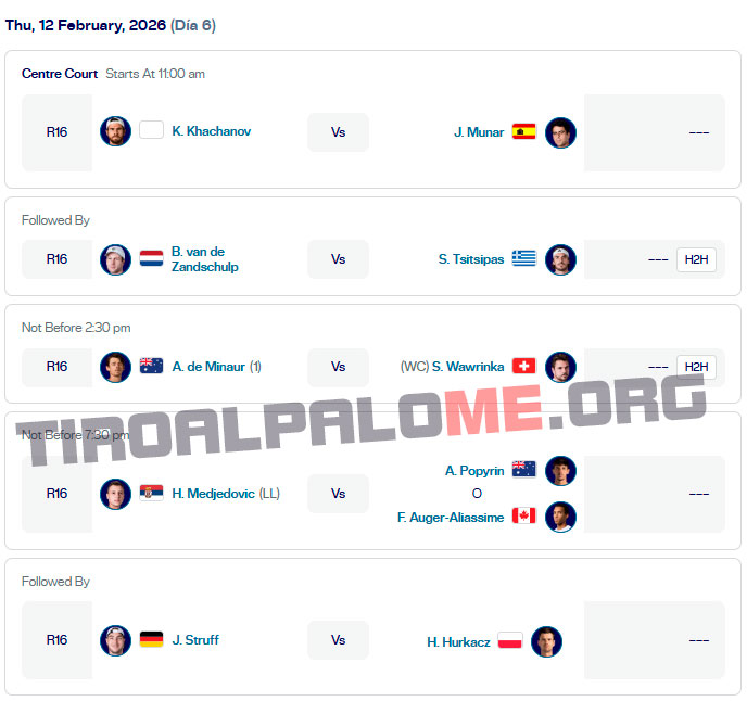 atp rotterdam ronda1 jueves12 febrero 2026 partidos tiroalpalo t