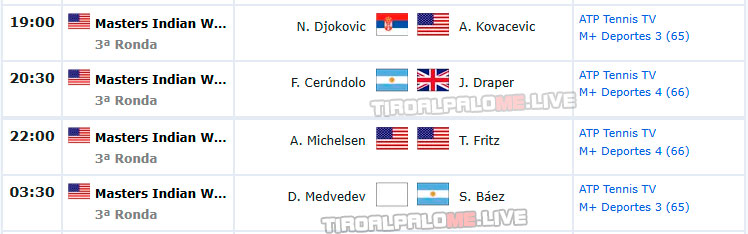 atp indian wells central lunes9 marzo partidos pista2 2026 tiroalpalo
